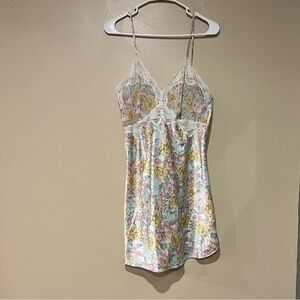 Vtg Victorias Secret Satin Nightgown Gold Label Floral Chemise L Lace 90s Pastel